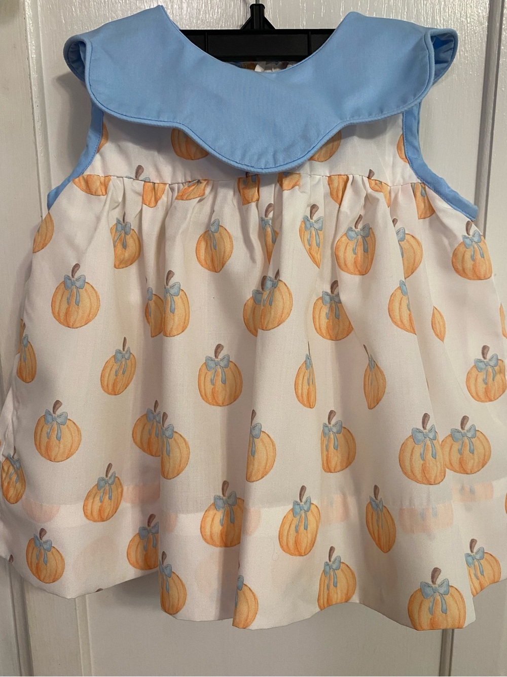 Girls' Seasonal Pumpkin Dress with Blue Scallop Collar